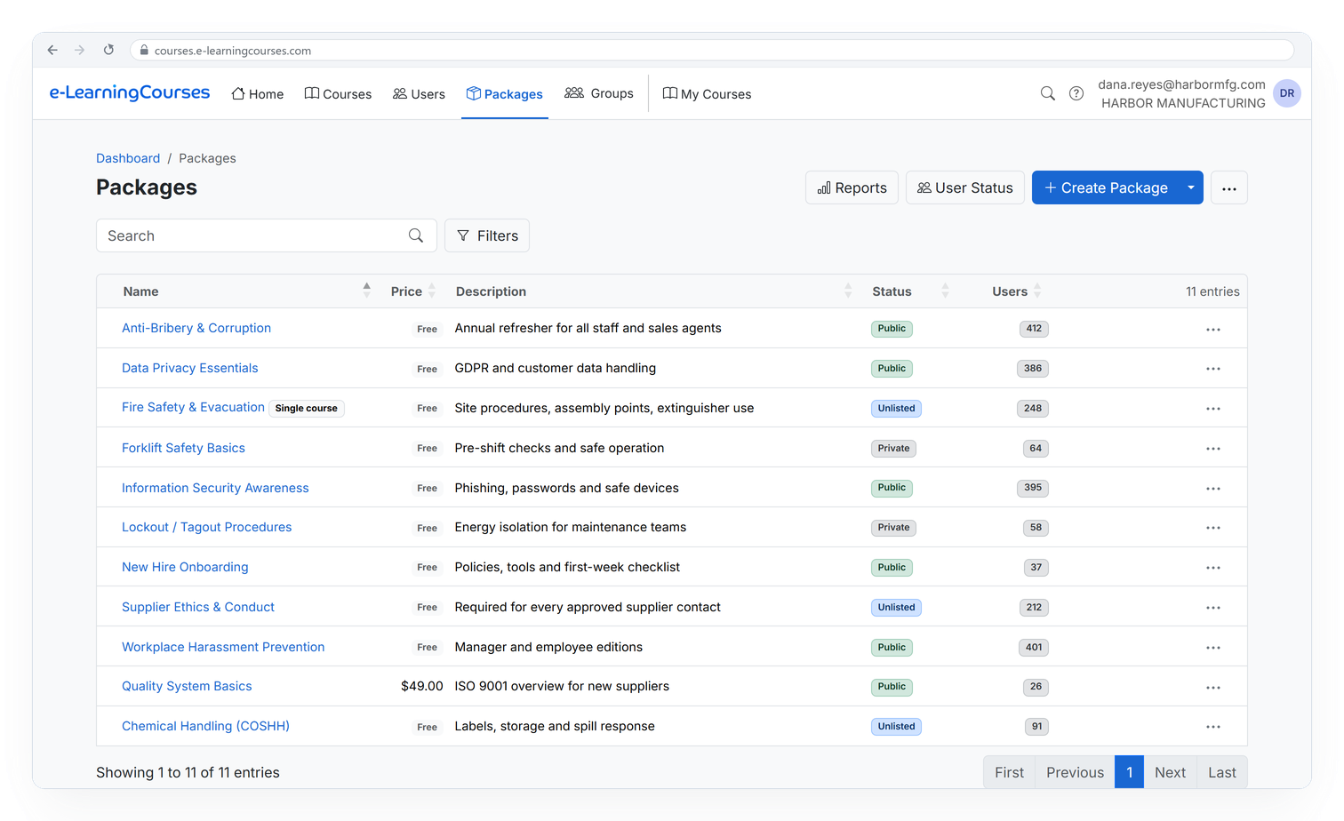 Packages page listing training packages and their courses